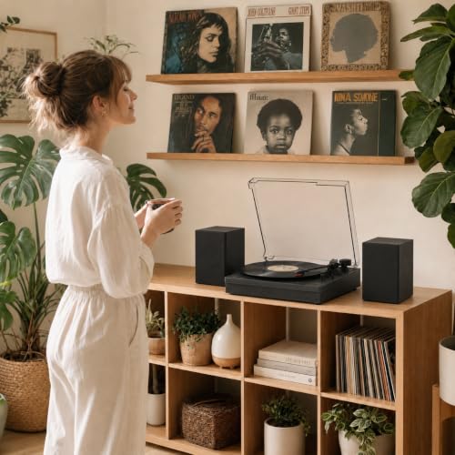 Image of Retrolife Record Player with 2 External Speakers, Vinyl Turntable, Black | 3-Speed Belt-Drive Turntable for 33 /45 /78 RPM Vinyl, Bluetooth Wireless Playback, Auto Stop, AUX Headphone Input and RCA Out