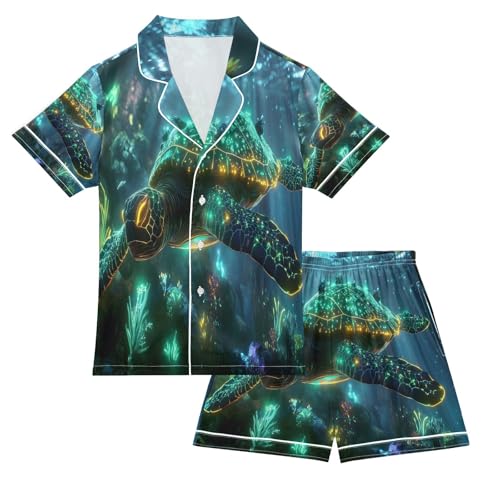 ALAZA Glowing Turtle Ocean Sea Satin Pajamas Set Short Sleeve Button Down Sleepwear Summer Pjs 2 Piece