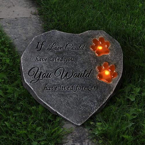 TB TIBAG Solar Light Pet Memorial Stones Heart Shaped Dog Grave Markers Outdoor, Shinning Paw Prints Dog Headstones Loss Stones for Pet Dog Memorial Gifts Remembrance Gifts for Loss of Dogs