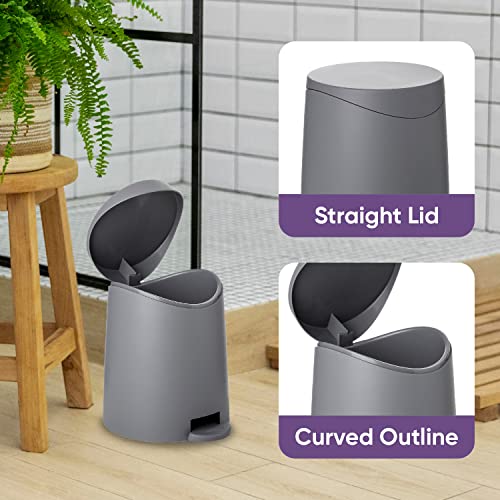 Image of Superio Mini Bathroom Trash Can with Lid 3 Liter, Plastic Waste Bin 0.75 Gallon, Modern Flat Lid Step On Trash Can with Foot Pedal, for Bathroom, Bedroom, Office, Under Desk, Soft Close (2, Grey)