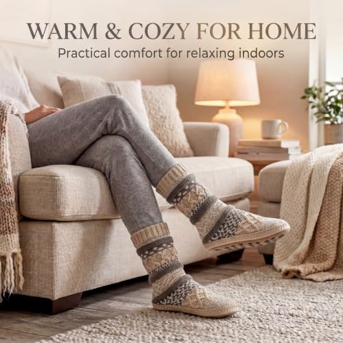Image of cosyone1997 Slipper Socks for Women Warm Fuzzy Non Slip Soft Sole | Sherpa lining, padded sole, stretchy cuff and gripper dots for bedroom or lounging; gift-ready box, machine washable