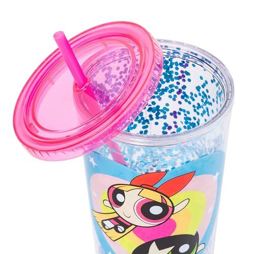 Silver Buffalo The Powerpuff Girls Featuring Blossom, Bubbles, and Buttercup Plastic Confetti Cold Cup with Lid and Straw, 32 Ounces4