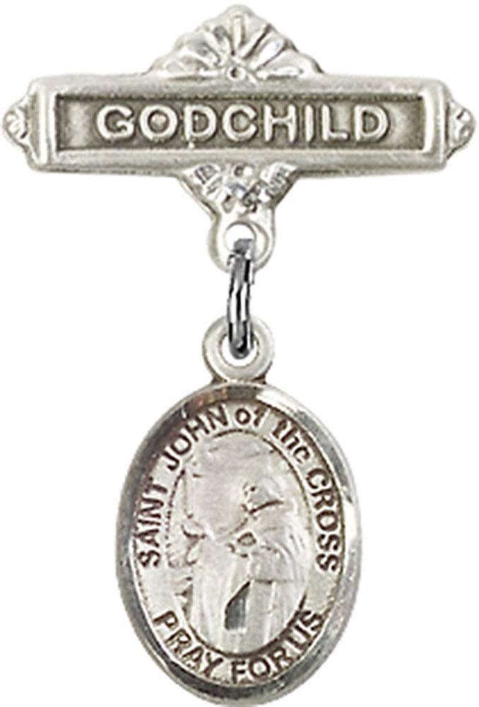 Jewels Obsession Baby Badge with St. John of the Cross Charm and Godchild Badge Pin | Sterling Silver Baby Badge with St. John of the Cross Charm and Godchild Badge Pin - Made In USA