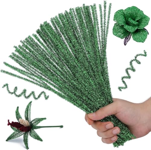 Image of Pipe Cleaners Craft, Pipe Cleaners Chenille Stem Fuzzy Sticks Craft Supplies for flowers making, Home DIY (Green Sparkle, 100pc)