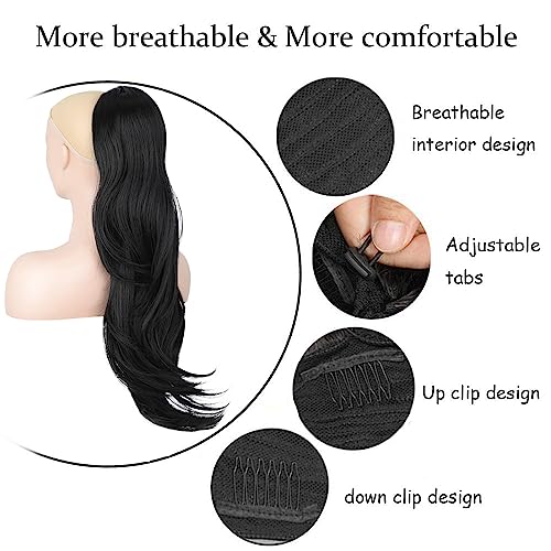 PORSMEER Ponytail Extension,Drawstring Ponytail Hair Extensions Dark Black 26 Inch Long Natural Straight Wavy End Synthetic Hairpiece for Women Girls Daily Use/Party - Image 3