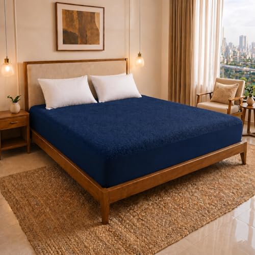 Image of Cotton Feel Terry 72x72 inch Ultra Soft Waterproof Mattress Protector Double Bed Size | Breathable Hypoallergenic Mattresses Cover for Double Bed Size (Dark Blue)