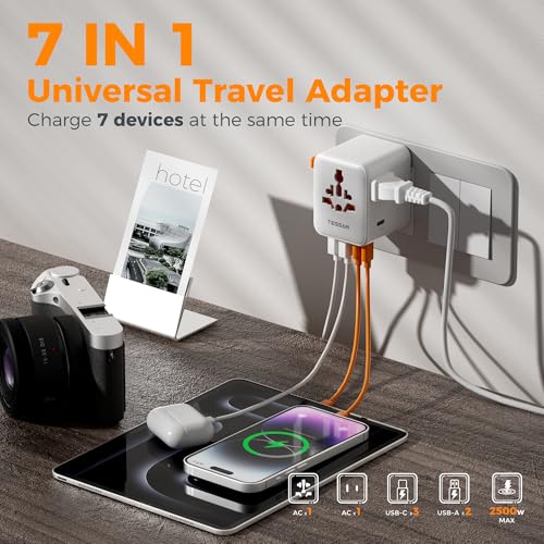 Image of TESSAN Universal Travel Adapter, International Power Adapter with Extra 2 Prong AC Outlet, 5 USB Ports (3 USB C), 28W Worldwide Plug Adaptor for US to Europe UK Australia Ireland (Type C G A I)