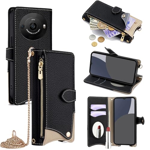 For AQUOS R8 Pro ケース 手帳型 ショルダー For アクオスR8 プロ SH-51D カバー 財布型 肩掛け 横+縦 2掛け方 斜めがけ 化粧鏡付き おしゃれ ジッパー小銭入れ カード収納 横置き ロングストラップ 耐汚れ PUレザー 防