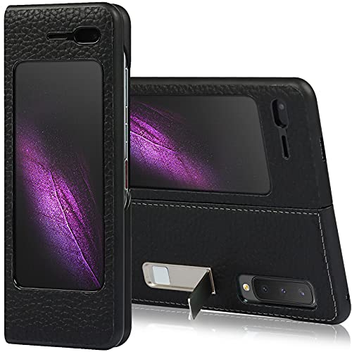 Miimall Compatible with Samsung Galaxy Fold 2019 Fold 5G 2020 Genuine Leather with Built-in Alloy Stand Case Cover for Samsung Galaxy Fold 2019 Samsung Galaxy Fold 5G (Black)