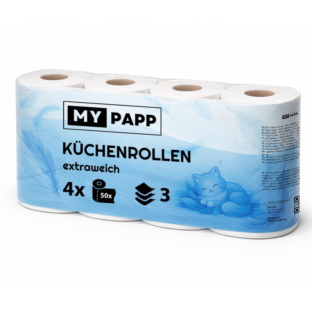 32 Küchenrollen – 3-lagig, saugstark & extra reißfest – 8×4 Rollen, 50 Blatt/Rolle – XXL Sparpack Haushaltsrollen Haushaltsrolle Papierhandtücher Küchenpapier Zellstoff weiß