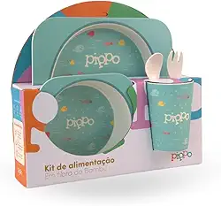 Kit Alimentação Prato Tijela Garfo Colher e Copo Infantil Bebe 5 Peças Em Fibra De Bambu Sem BPA | Pippo (Fundo do Mar)