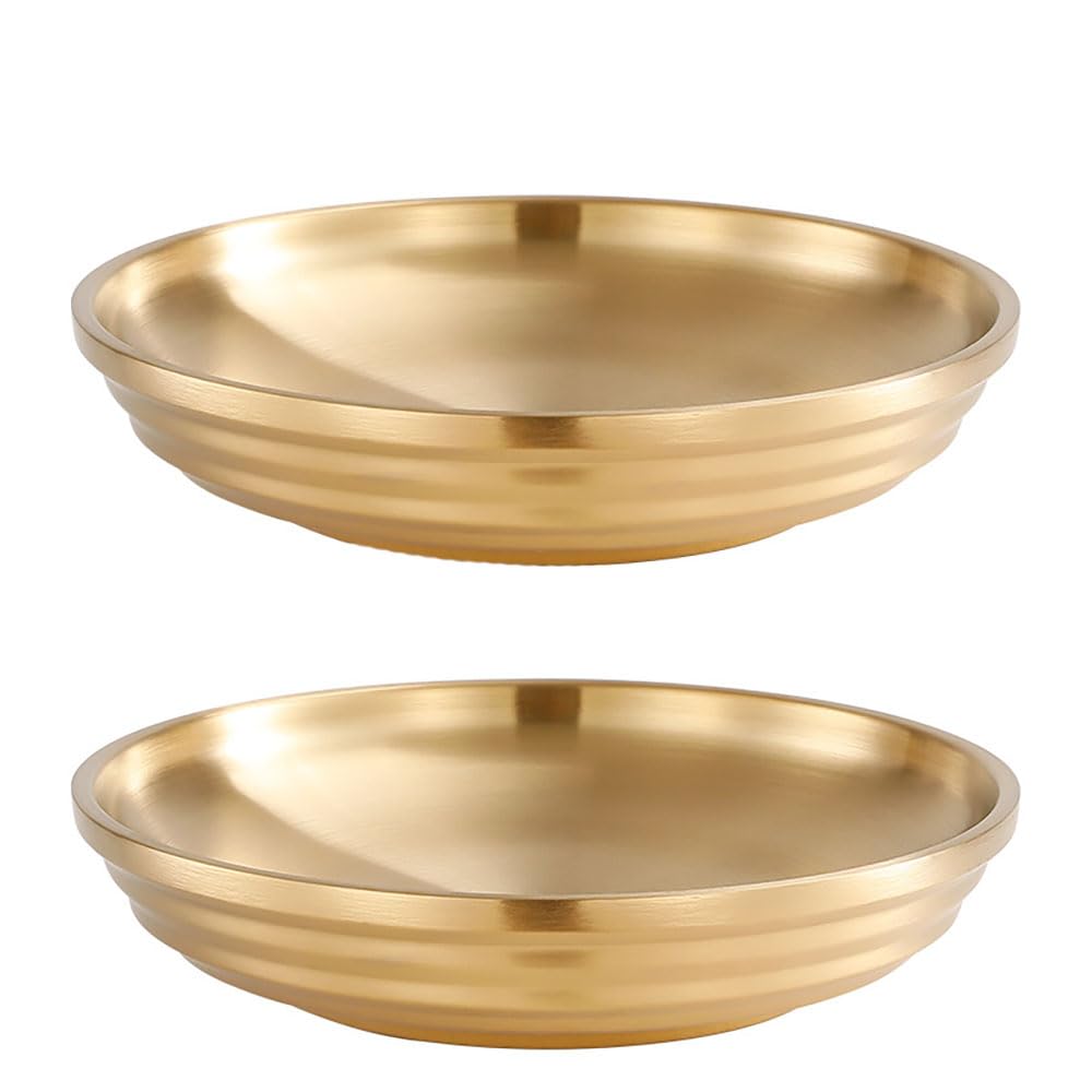 maiwalk Stainless Steel Dinner Plates Double-Layer Round Dessert Appetizer Serving Plate Metal Dishes for Camping BBQ Steak Salad Snack Set of 2 (Gold, 23CM)