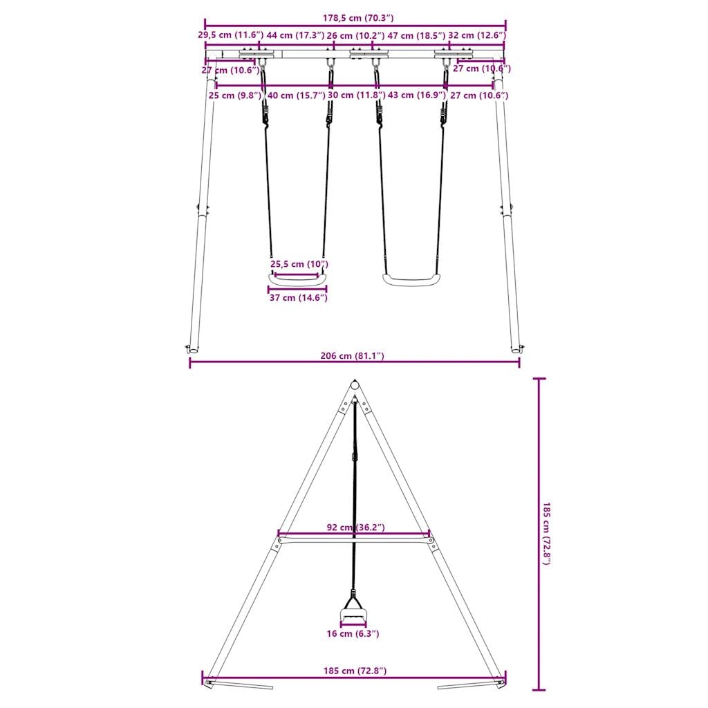 Zestaw huśtawek z 2 huśtawkami z lakierowanej stali, 206 x 185 x 185 cm, zabawka ogrodowa dla dzieci w wieku 3-10 lat, zabawka zewnętrzna do ogrodu i na plac zabaw, wspomaga ruch i równowagę