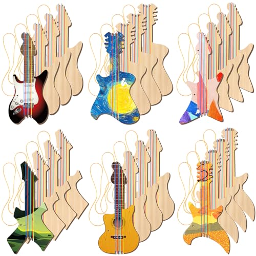 Syhood 24 Pcs DIY Wood Guitar Cutouts for Kids, 12 x 6.5 Inches Wood Guitars Cutouts for Boy Girls, Bamboo Musical Instrument for Painting, Suitable for Crafts Class, Birthday, Theme Party(Popular)