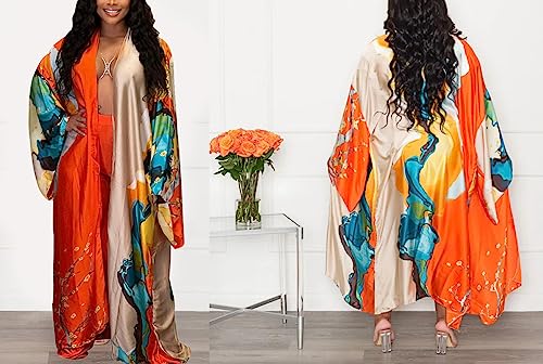 Image of Hostoyo Women Maxi Satin Robe Kimono Cardigan Plus Size Floral Print Open Front Long Sleeve Casual Outwear Cover Up One Size