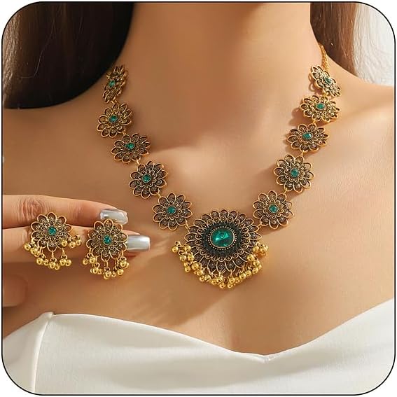 Bethynas Indian Jewelry Set for Women Boho Gold Crystal Flower Choker Necklace Retro Dangle Drop Earrings Traditional Bridal Wedding Belly Dance Accessories Set