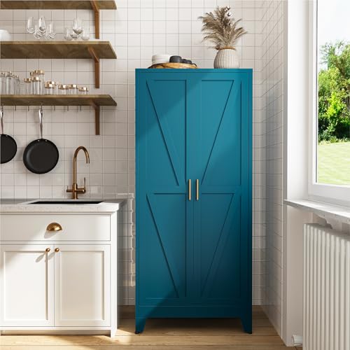 Image of COFaR 61 inch Metal Pantry Cabinet in Peacock Blue, Farmhouse Storage Cabinet with Adjustable Shelves, Sturdy Freestanding Cupboard for Kitchen Organization, Bathroom & Living Room