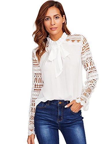 Floerns Women s Bow Tie Ruffle Mock Neck Lace Long Sleeve Blouse Tops White M