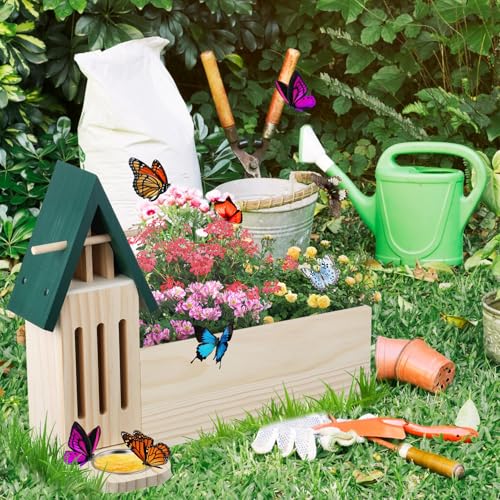 Wooden Butterfly House and Feeder with Flower Pot with Drainage Holes, 3-in-1 Natural Butterfly Habitat Butterfly House for Garden Outside Decor - Thumbnail 7