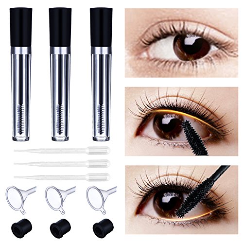 PrettyDate 8ml Empty Mascara Tube with Eyelash Wand, Rubber Inserts, Funnels and 3ml Transfer Pipettes Set for Castor Oil DIY Mascara Container-3 Pack