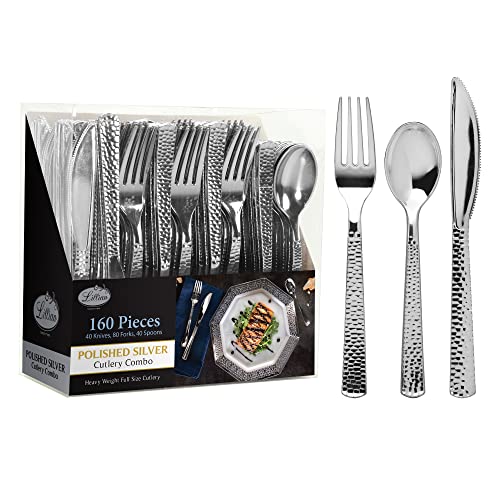 Plastic Cutlery Silverware Extra Heavyweight Disposable Flatware, Full Size Cutlery Combo, Silver Pebbled, 80 Forks, 40 Spoons, 40 Knifes, Value Pack 160 Count
