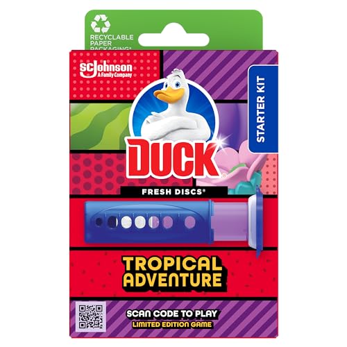 Duck Fresh Discs Toilet Cleaner Starter Kit Fights Stains That Harbour Germs Prevents Limescale Build Up Tropical Adventure 1 Holder + 1 Refill