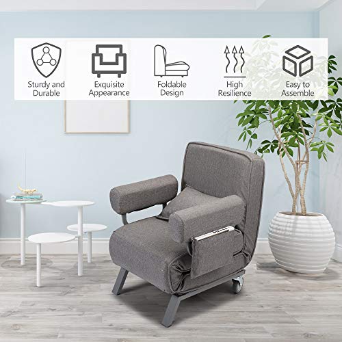 Convertible Sofa Bed Folding Arm Chair Sleeper Leisure Recliner Lounge Couch 6 Positions Adjustable Backrest (Grey)