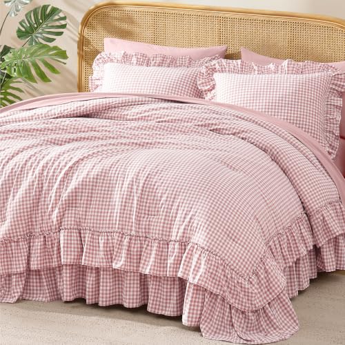 Image of Full Size Comforter Set Pink Gingham Ruffle 7 Pieces Farmhouse Bed in a Bag | Shabby Chic Fluffy Bedding Sets with Sheets, Pillowcases & Shams