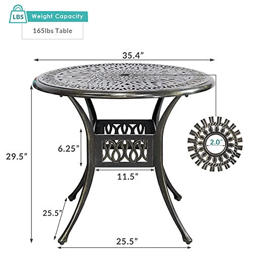 MEETWARM 35.4\" Round Patio Dinning Table, Outdoor Cast Aluminum Dinning Table with 2\" Umbrella Hole, Dark Bronze