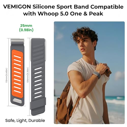 Image of VEMIGON Silicone Sport Band Compatible with Whoop 5.0 One /Peak, Life /MG, Breathable, Adjustable Waterproof Replacement Wristband Strap with Stainless Steel Frame Connector, NOT for Gen 4.0(Band only)