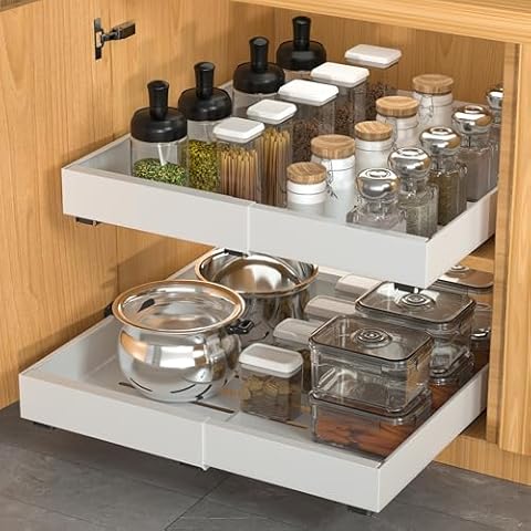 DEKAVA 2 Pack Pull Out Cabinet Organizer Expandable, Adhesive with Nano Film, Pull Out Drawers for Cabinets in Kitchen, Pantry or Bathroom (White, 21"DEEP) Cover