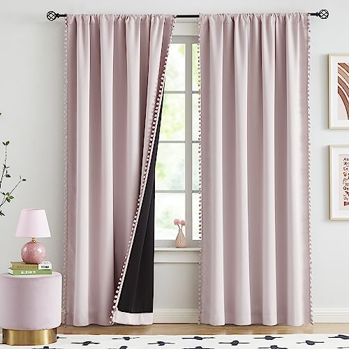 Image of Pink Blackout-Curtains for Bedroom Pom Pom Thermal Insulated 100% Full Blackout Curtain Panels for Girls Baby Nursery Room 90 inch Energy Efficient Window Drapes for Kids 52 inchw x2 Panels Rod Pocket