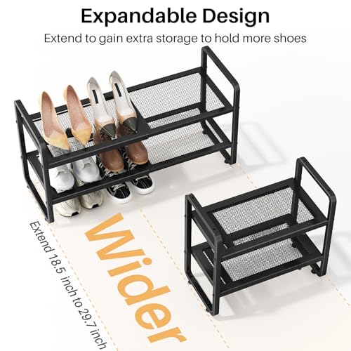 Image of SNTD Shoe Rack - Expandable Shoe Organizer for Closet, Adjustable Metal Shoe Shelf Storage, Stackable Long Shoe Stand Holder for Garage, Entryway, Door Entrance (Black, 2-Tier)