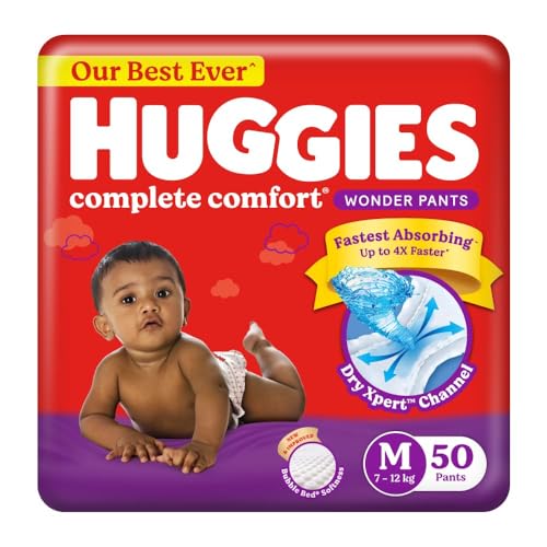 Image of Huggies Complete Comfort Wonder Pants | Pant Style Baby Diapers Medium Size (M), 50 Count | India's Fastest Absorbing Diaper, Prevents Diaper Rash, Ideal for 7 to 12 Kgs (Pack of 6)