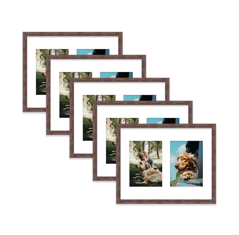 Walnut Multi Photo Frame - Holds 2 x 7x5 Pictures, Family Collage Picture Frame for Wall Display, 14x11 Frame size, Set of 5