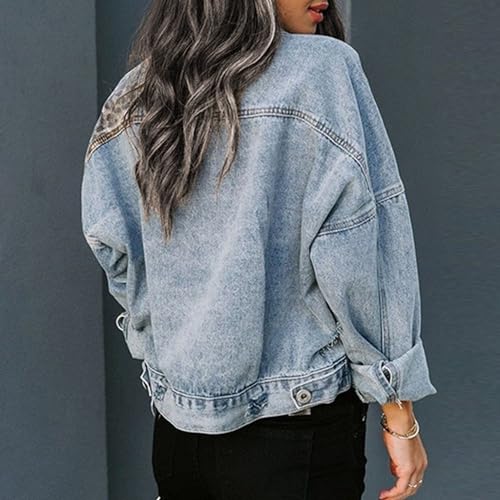 Womens Cropped Leopard Denim Jacket Button Down Distressed Jean Coat Washed Long Sleeve Ripped Cheetah Jacket2