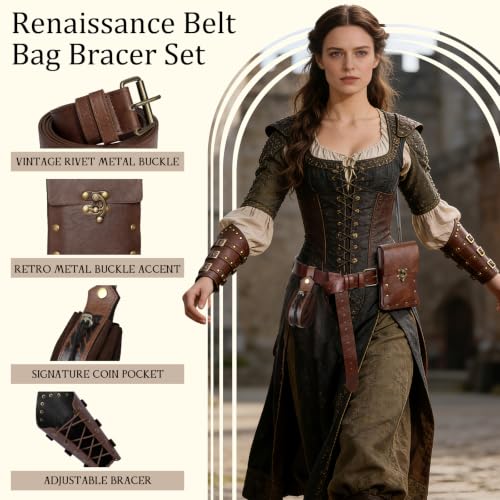 Image of Renaissance Belt Pouch Medieval Viking Leather Bracers Set for LARP