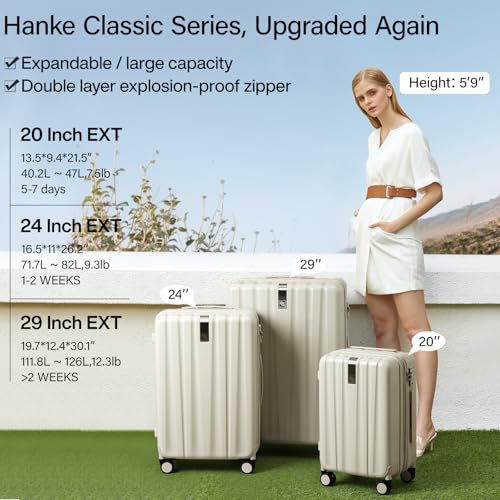 Hanke 29 Inch Expandable Checked Luggage Lightweight PC Hard Shell Luggage Suitcases with Wheels Travel Luggage Rolling Large Suitcase Travel Luggage Bag for Study Abroad.(Ivory White)2