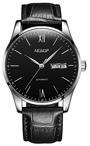 メンズファッションシンプル自動機械腕時計超薄型防水レザーストラップミニマリスト腕時計 39mm シルバーブラック