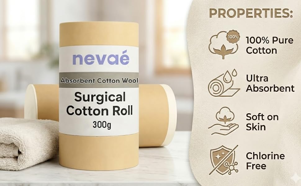 Image of Nevae 100% Pure Cotton Roll| Absorbent Cotton Wool | Soft, Hygienic & Chlorine Free | For Medical, Baby Care, Makeup & Household Use (300gm)