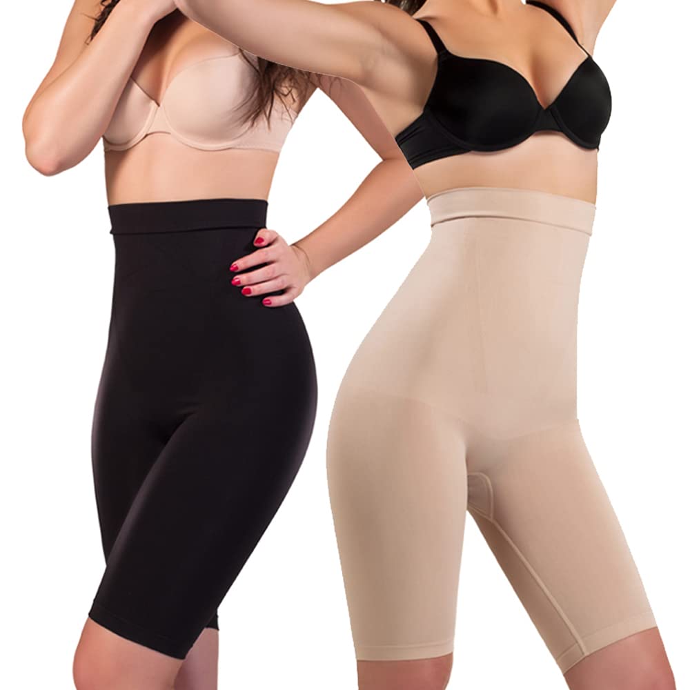 Glory - Women's Shapewear - High Waist and Full Thigh Shaper (Black & Nude Pack of 2)-image-18