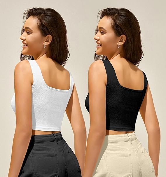 TUSI Women's Knitted Sleeveless Solid Sqaure Neck Ribbed Tank & Crop Tops (Pack of 2) (IN, Alpha, M, Regular) 4