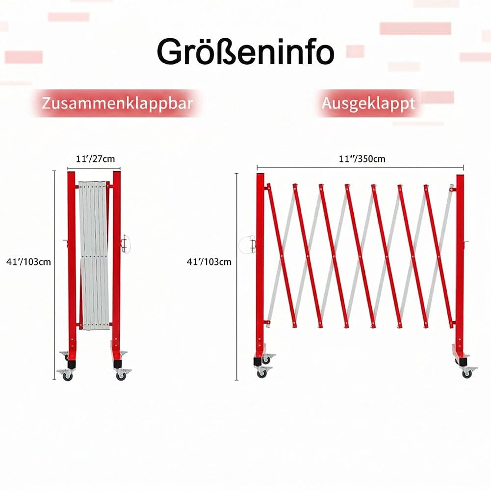 GYMTIME Griglia a forbice industriale allungabile, griglia di intercettazione per esterni, barriera mobile in metallo, facile da montare, catena di intercettazione con ruote, 3,5 m, rosso e bianco