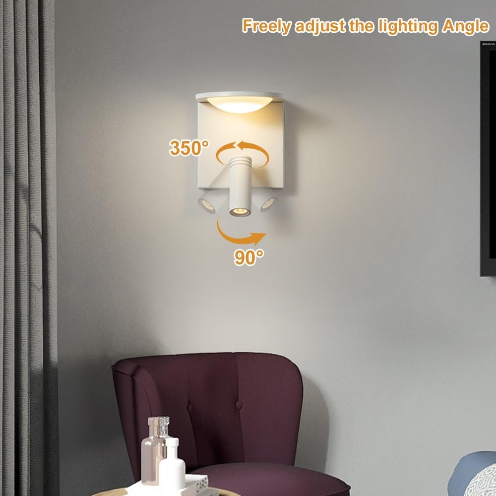 Jadssox Wandleuchte LED mit Schalter und USB-Anschluss - Drehbare Spotbeleuchtung 350°+90°, Warmweiß 3000K für Bettkopf, Nachttisch, Wohnzimmer und Schlafzimmer(White)