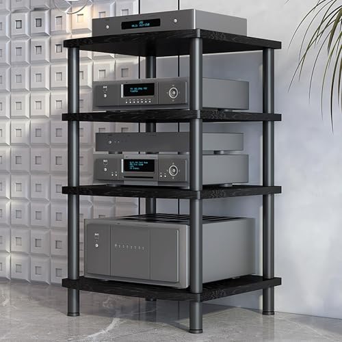 Image of Modern AV Media Stand, 3-Tier Stereo Cabinet with Carbon Steel Frame, Wooden Storage for TV, DVD Players & Accessories(Black,4 Tier 60x54x89CM)