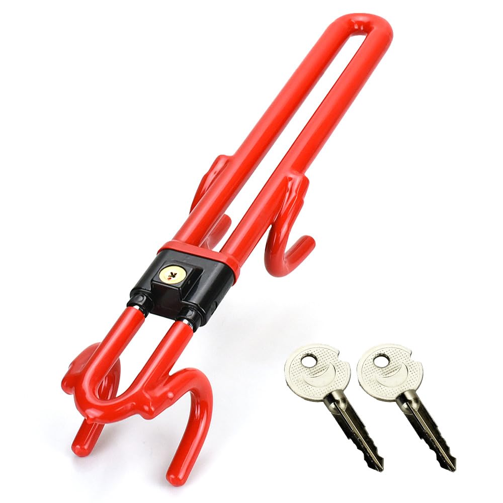 リレーアタック防止ハンドルロック ステアリング固定 長さ調整 耐久性 ピッキング対策 目立つ 汎用性 (レッド)
