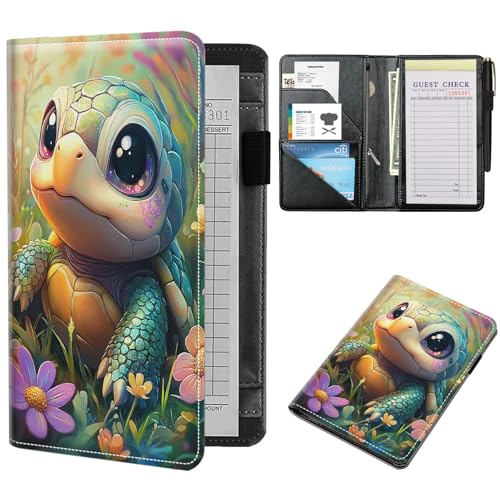 NLZQTTBD Server Books for Waitress Cute Waitress Book PU Leather Server Book with Zipper Wallet Black Serving Book Organizer Fit Server Apron,Cute Turtle