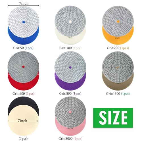 Image of 8PCS Diamond Polishing Pads 7 Inch, Wet /Dry Concrete Polish Tools Kit for Drill, Grinder, Polisher, 50-3000 Grit Polishing Set for Marble Granite Quartz Stone