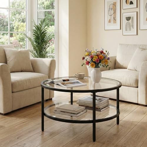 DIYART 29.5' Round Glass Coffee Table, 2-Tier Modern Black Glass & Metal End Table for Living Room, Mid Century Accent Table with Lower Shelf, 29.5' D x 16.5' H
