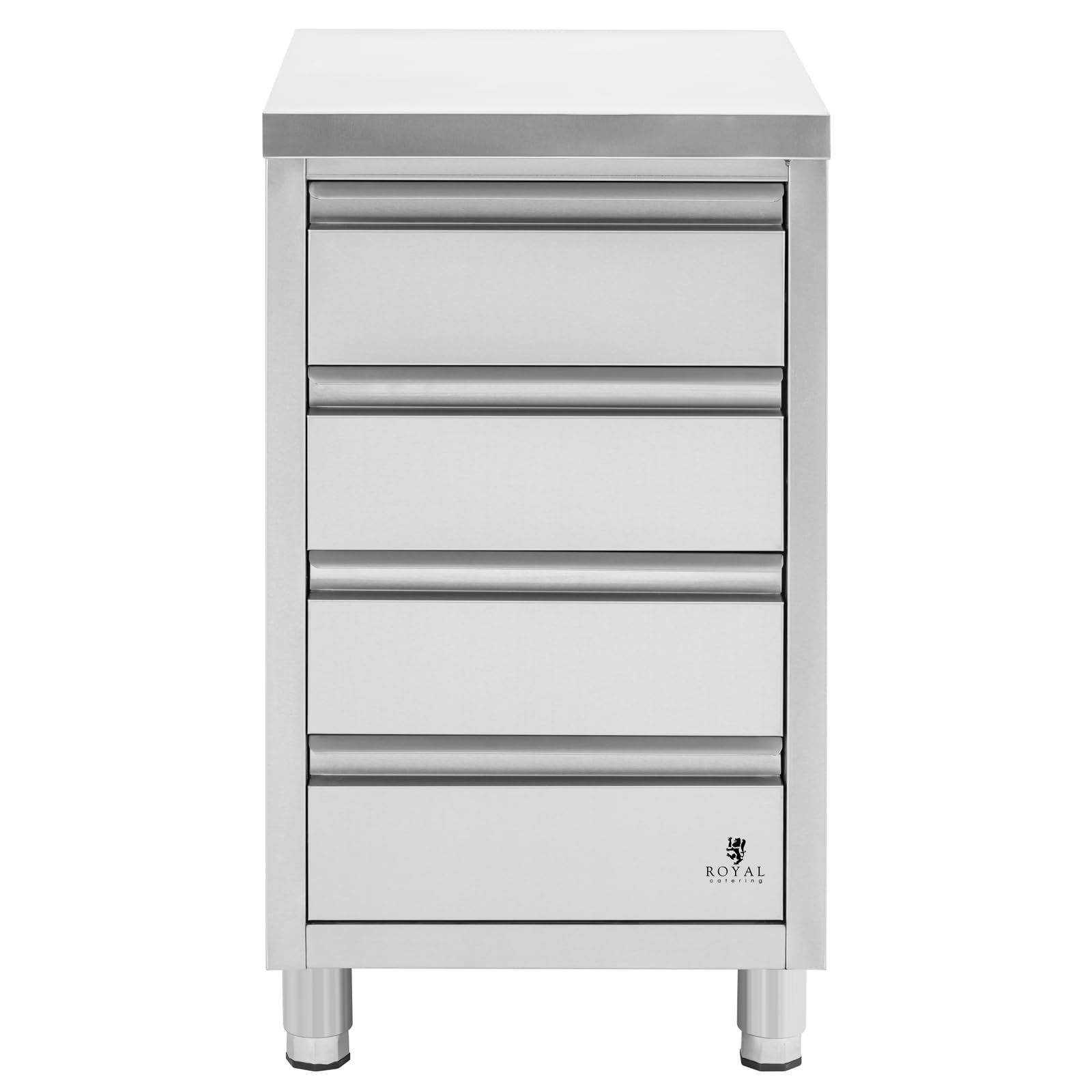 Royal Catering RCCD-4S - Armadio da lavoro in acciaio inox, 4 cassetti, 50 x 60 cm, altezza regolabile, in acciaio inox